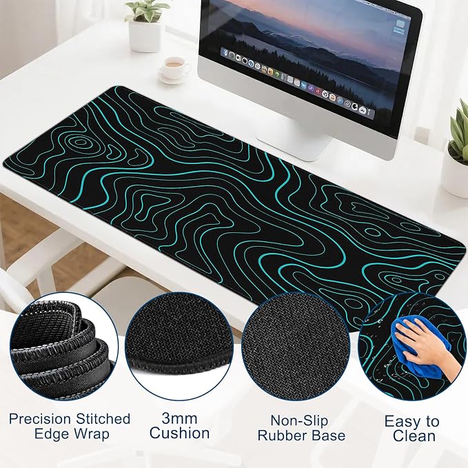 Gaming Desk Mat with Silky Smooth Surface & Exquisite Patterns,31.5x11.8 Inches Large-Sized Mouse Pad, Perfect for Extended Gaming,Work,and Home Office Decor (Blue Topographic Lines) - Image 5