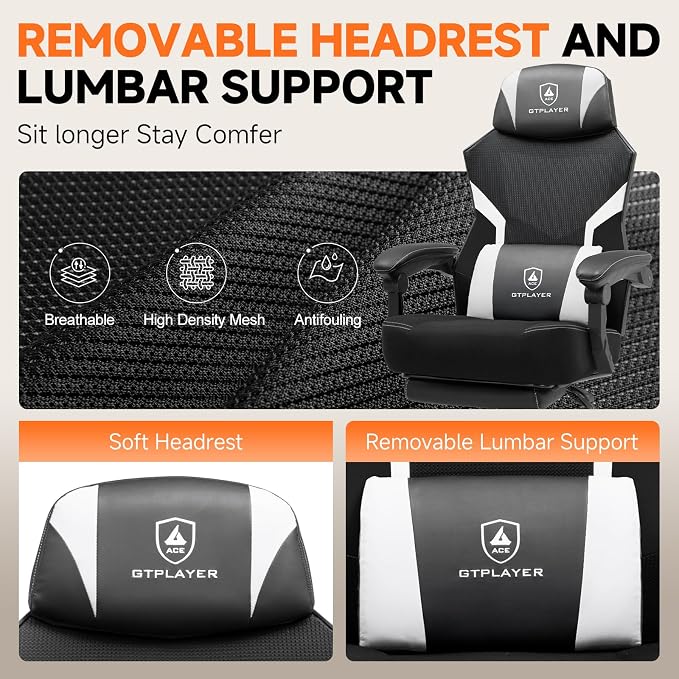 GTPLAYER Computer Chair with Adjustable Footrest, Ergonomic Gaming Chair with Headrest and Lumbar Support, Breathable Mesh Office Chair for Adults, High Back Reclining Desk Chair for Gaming and Office - Image 8