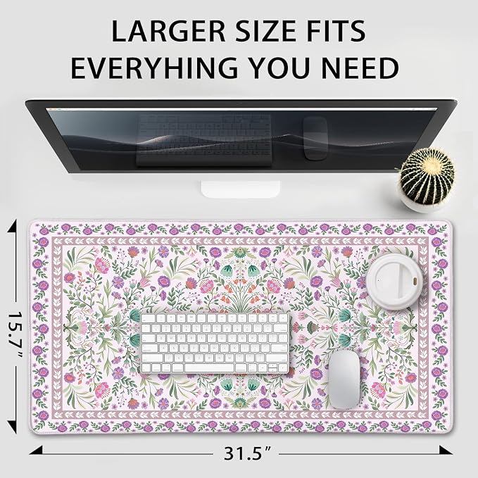 Purple Floral Desk Mat Large Mouse Pad 31.5"x15.7" Anti-Slip | Extended Mousepad, Non-Slip Rubber Base , Stitched Edges, for Computer/Laptop/Office/Home - Image 4