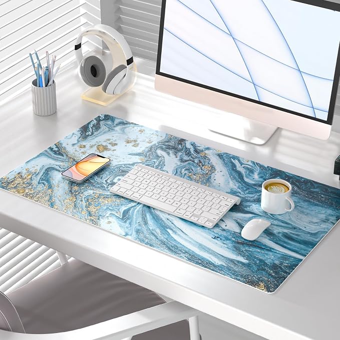 QiyI PU Leather Large Mouse Pad, Office Decor, 31.5" x 15.7", Blue Marble | Desk Décor Accessories, Extended Size, Waterproof & Easy to Clean, Smooth Surface, Non Slip Desk Organization - Image 2