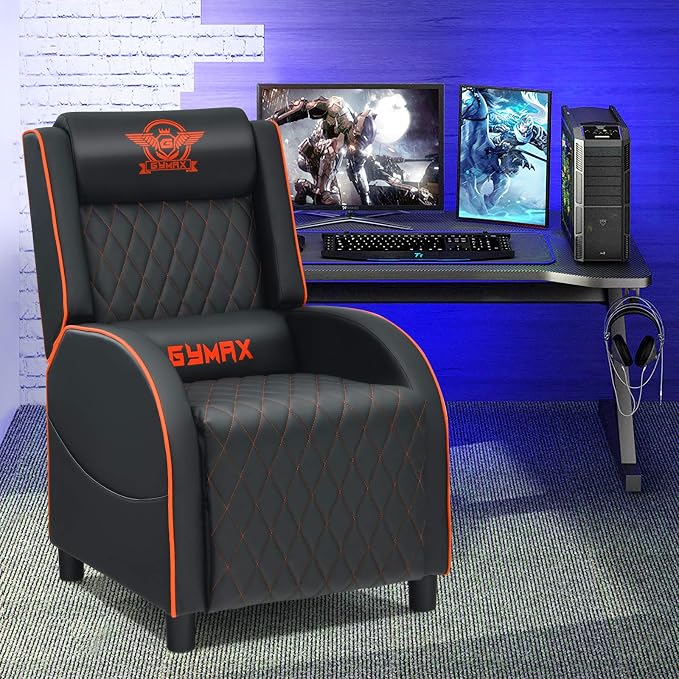 GYMAX Massage Gaming Recliner Chair, Ergonomic Racing Style Single Sofa with Adjustable Headrest, Backrest & Footrest, Home Theater Sofa for Living Room Office (Orange) - Image 9