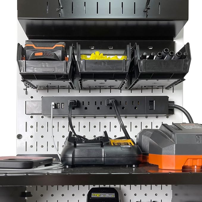 Wall Control Power Tool Storage Organizer Kit Cordless Drill Holder Charging Station Rack 16” x 32” Metal Pegboard Organization System (Yellow Pegboard) - Image 7