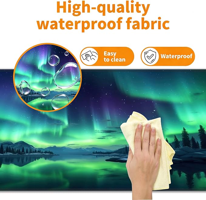 Green Aurora Desk Mat, XL 31.5"x11.8" Large Mouse Pad, Aesthetic Extended Gaming Mouse Mat,Non-Slip Rubber Base Waterproof with Stitched Edges for Gaming Office Home Decor - Image 4