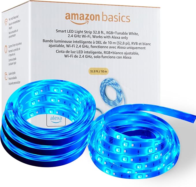 Amazon Basics Smart LED Light Strip, 32.8 Feet (2 Rolls of 16.4 Feet), RGB + Tunable White, Color Changing, App Control, Voice Control, Works with Alexa Only, 2.4 GHz Wi-Fi, No Hub Required by AmazonBasics