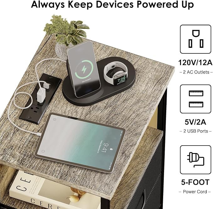 Fixwal Night Stand with 3 Fabric Drawers, Nightstand with Charging Station - Image 5
