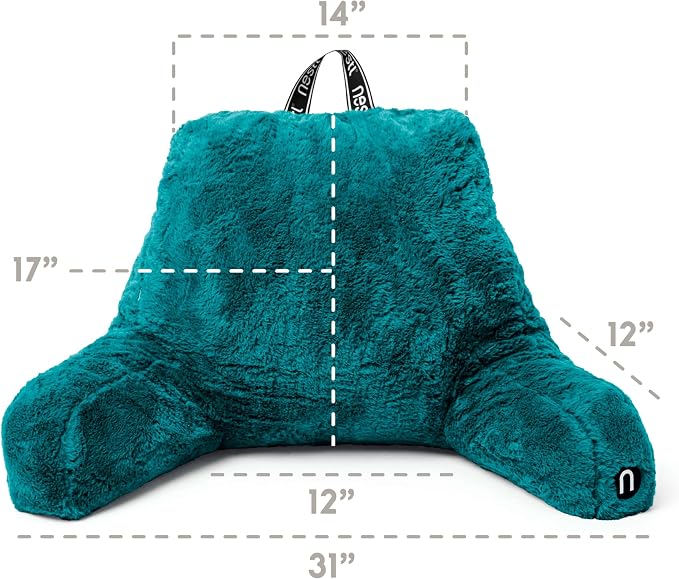 Nestl Fur Reading Pillow, Stylish Back Pillow for Bed Sitting Up, Faux Fur Bed Chair Pillow with Arms, Reading Pillows for Sitting in Bed Adult & Kids, Sit Up Back Support Pillow for Bed Rest - Teal - Image 3