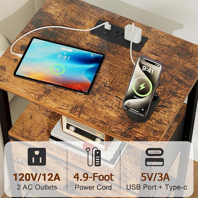 LOAKEKEL Night Stand, Small Nightstand with Charging Station - Image 4