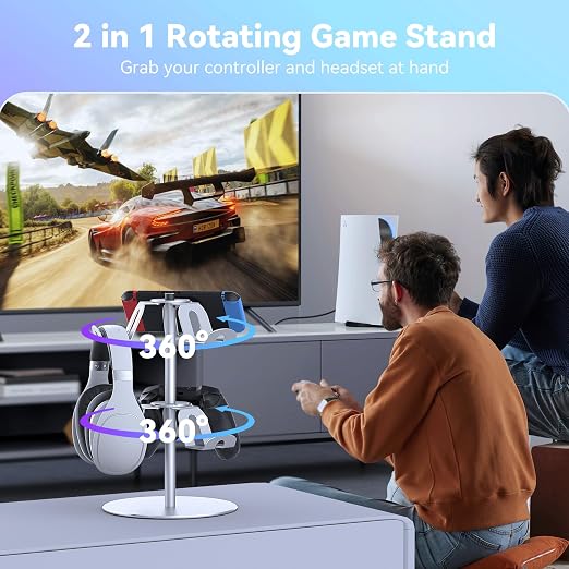 DGPCT Aluminum Rotating Controller Stand for Xbox/PS5/Switch, 2-Tier | 6 Hangers to Place, Holds Headset & Controllers, Stable Controller Organizer Rack, Fits for Switch Pro/PS4 and More, Silver - Image 4