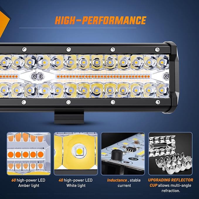 Nilight 12Inch 300W LED Light Bar 2PCS 4Inch 60W Light Pods Amber White Strobe 6 Modes Memory Function Reset Function Off Road Truck with 16AWG Wiring Harness Kit-3 Leads, 2 Years Warranty - Image 7