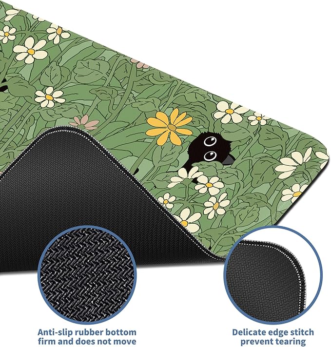 Cute Cat Mouse Pad Large Green Desk Mat Extended Keyboard Mouse Pad Kawaii Mousepad with Non-Slip Base and Stitched Edge Plant Mouse Mat Desk Pad 31.5 x 11.8 in Mouse Pads for Decor Home Office Gaming - Image 4