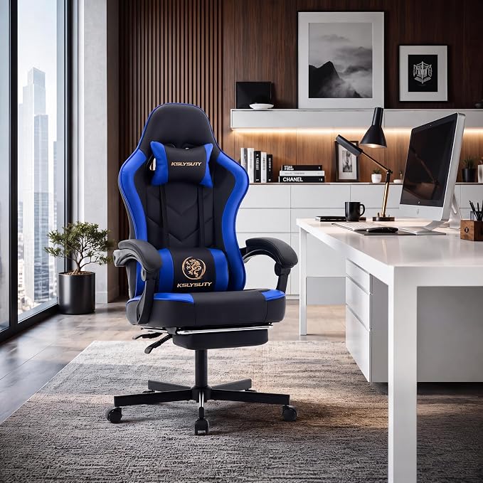 Desk Computer Gaming Chair - High Back Ergonomic Office Chair with Footrest and Lumbar Support, Swivel Comfy Home Gamer Video Game Chairs with Pocket Spring Cushion for Adults (Blue Leather) - Image 9