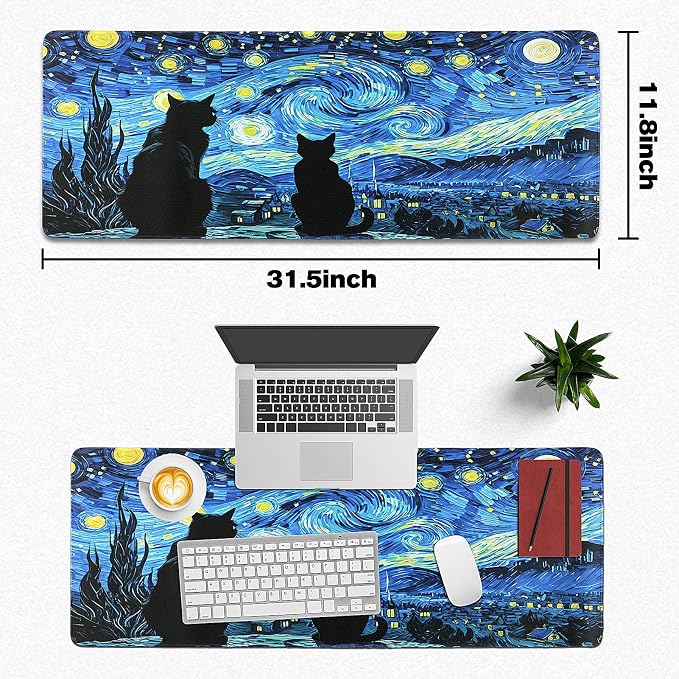 Mouse Pad Gaming - Desk Mat for Keyboard and Mouse - Van Gogh Starry Night Large Mouse Pads for Desk, Gaming Mousepad with Non-Slip Base, Desks Pad (31.5" X 11.8") for Game, Office and Home - Image 5