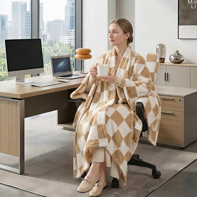 The Chair Blanket for Office,3-in-1(Chair Blanket/Seat Cushion/Pillow) Stay-in-Place Office Blankets for Women Work,Warm Smooth Velvet & Shed-Free,Size M-Khaki - Image 2