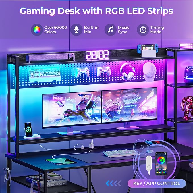 UPOSOJA Gaming Desk with Hutch, 65in Reversible Computer Desk with Power Outlets LED Light, Home Office Desk with Monitor Stand 2 Drawers 4 Storage Shelves Pegboard 8 Hooks Mouse Pad (Black) - Image 4