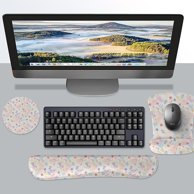 Ergonomic Memory Foam Keyboard Mouse Pad Set with Wrist Rest Support,Non-Slip Hand Wrist Cushion for Laptop/Notebook/Desktop/Computer/Gaming/Office,Easy Typing& Pain Relief (Flowers & Bowknot) - Image 7