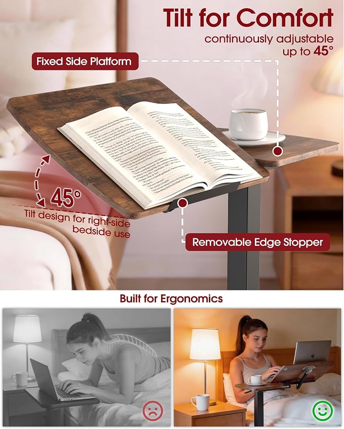 Sakugi Overbed Bedside Table with Wheels, Right-Side Tilt Top, Laptop Desk - Image 4