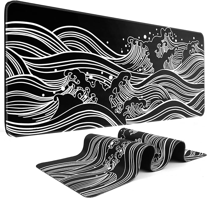 DIGSOM Gaming Mouse Pad Black and White Sea Wave Pattern, 31.5 x 11.8in | XL Mouse mat, Smooth surface, Anti-slip rubber base, For keyboard and mouse, For home and office use by DIGSOM