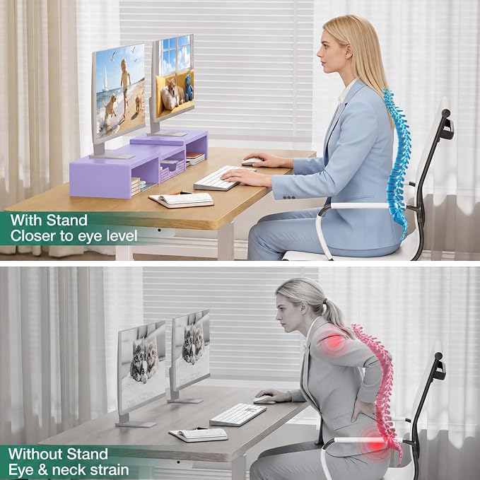 OPNICE Dual Computer Monitor Stand Riser, Desk Organizer with Drawer, Office Desk Accessories & Workspace Organizers for Home Office Supplies, Purple - Image 2
