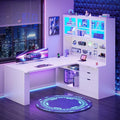 SEDETA L Shaped Corner Gaming Desk with 3 Wood Drawer and Large Bookshelf | L Shaped Computer Desk with LED Light, Display Cabinet and Pegboard for Home Office, 27.5" W Large Desktop Table, White by SEDETA