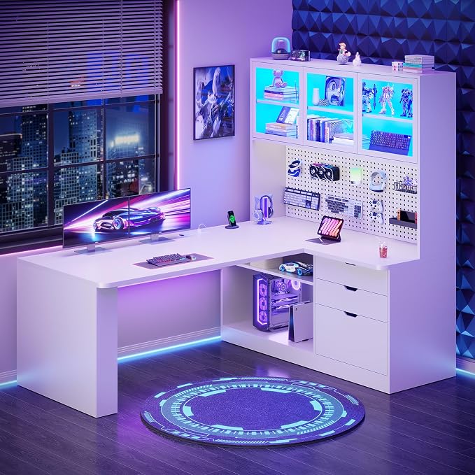 SEDETA L Shaped Corner Gaming Desk with 3 Wood Drawer and Large Bookshelf | L Shaped Computer Desk with LED Light, Display Cabinet and Pegboard for Home Office, 27.5" W Large Desktop Table, White by SEDETA