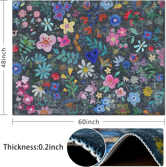 Office Chair Mat for Hardwood & Tile Floor,Boho Floral 60"x48" Office Computer Chair Mat for Rolling Chairs,Under Desk Non Slip Gaming Rug,Rubber Backing Large Low-Pile Carpet Protector Mat(Cyanblue) - Image 2
