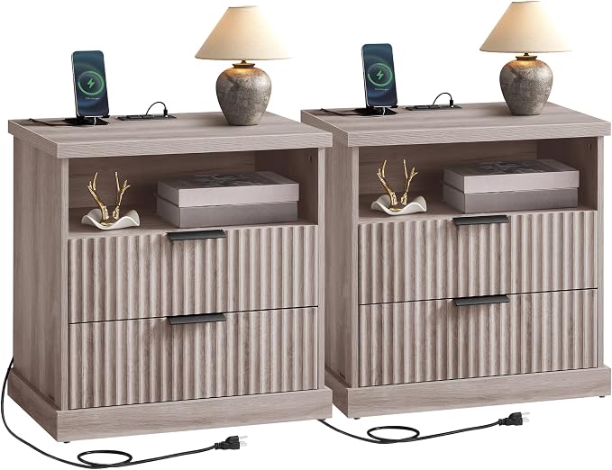 VASAGLE Set of 2 Nightstands with Charging Station, 2 Drawers, Open Shelf by Unknown