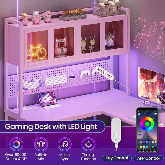 SEDETA L Shaped Gaming Corner Desk with Drawers, Hutch and Storage Shelves | Reversible L Shaped Computer Desk, Gaming Desk with Pegboard, Led Lights, and Power Outlet for Home Office, Small Space, Pink - Image 5