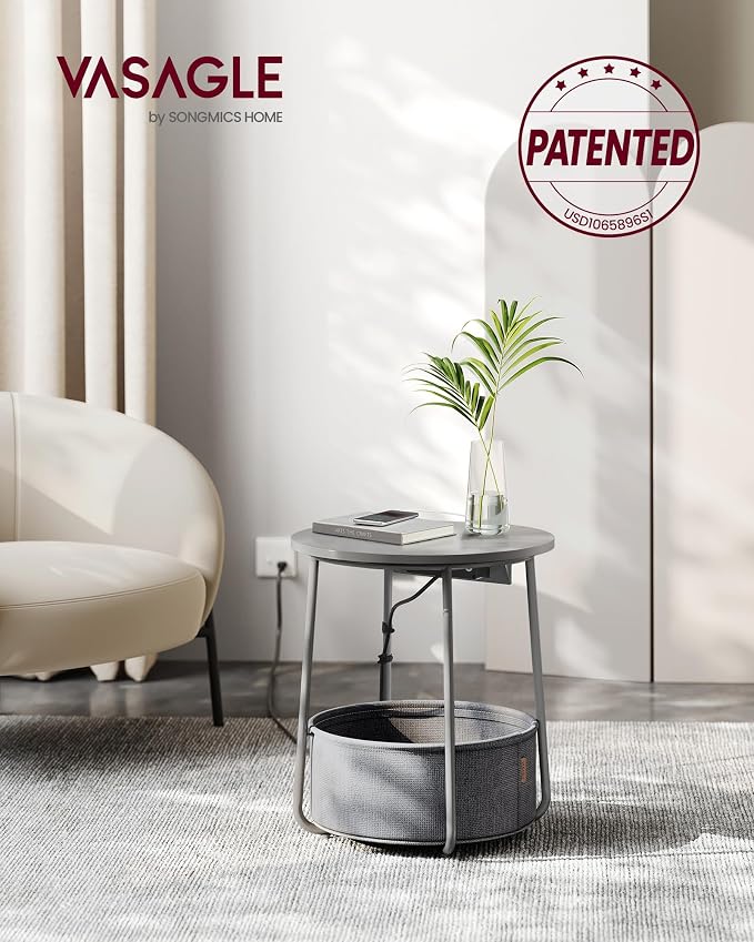 VASAGLE Side Table with Charging Station,Fabric Basket, Round End Table - Image 3