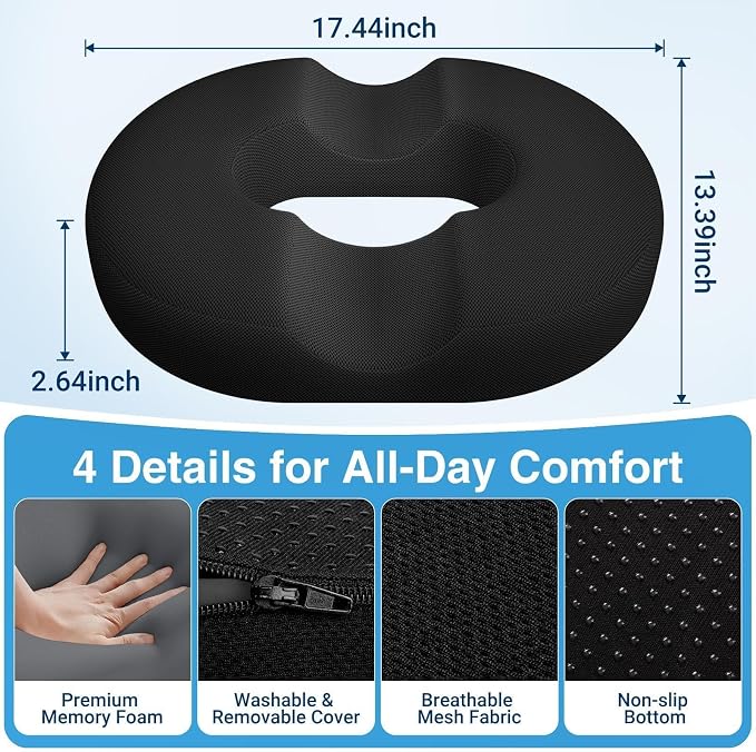 Donut Pillow Seat Cushion, Office Chair Cushion, Black, Large | Ergonomic Design, Breathable Cover, for Tailbone Pain, Hemorrhoids & Long Sitting Hours, for Home & Office - Image 6