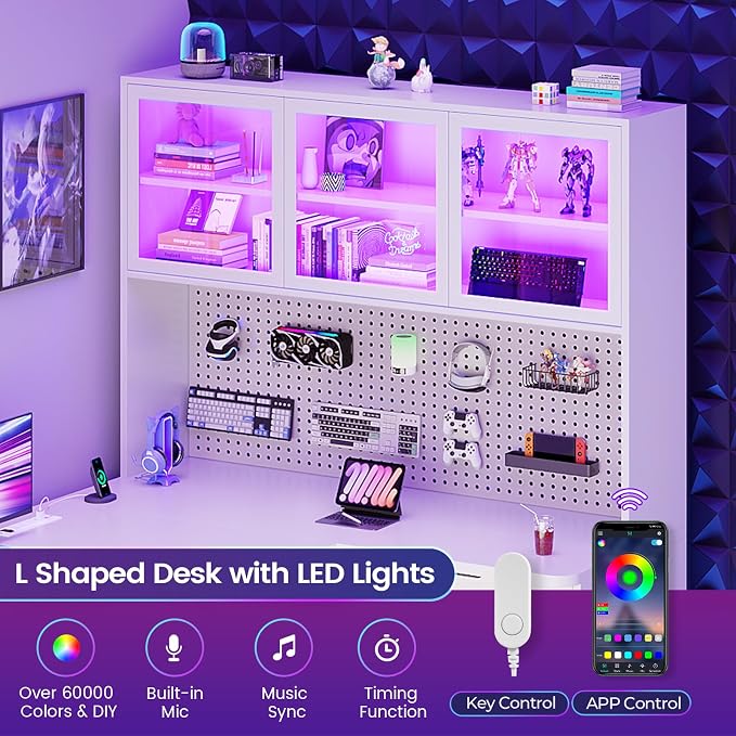 SEDETA L Shaped Corner Gaming Desk with 3 Wood Drawer and Large Bookshelf | L Shaped Computer Desk with LED Light, Display Cabinet and Pegboard for Home Office, 27.5" W Large Desktop Table, White - Image 8