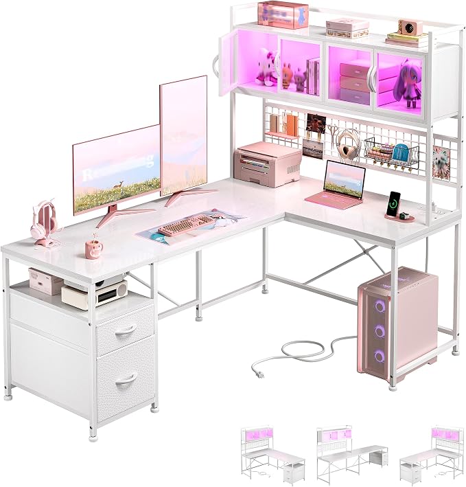 DurayLoly 67" L Shaped Gaming Desk for Dual Monitor, White | Deep Drawers for Extra Storage, Grid Pegboard for Flexible Hanging, RGB-lit Cabinet for Collectibles Display by Durayloly