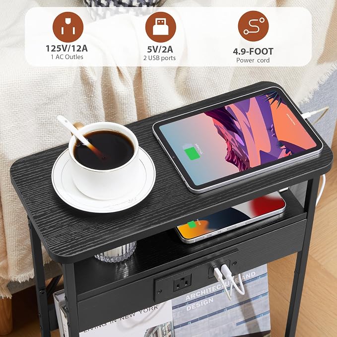 YEAKOO Narrow Side Table with Charging StationSmall Spaces Narrow End Table - Image 8