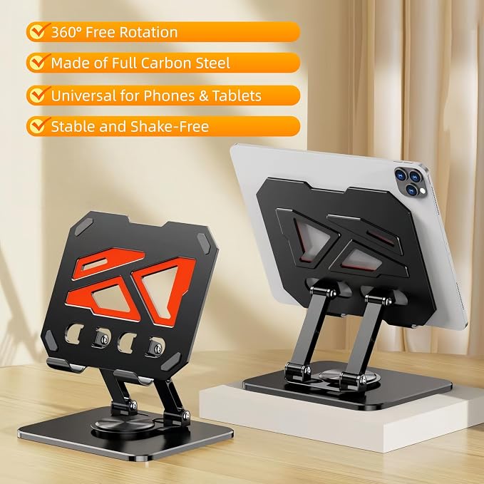 360° Rotatable & Adjustable Metal Tablet Stand for Desk, Foldable & Portable Tablet Holder, Compatible with iPad Pro/Air, iPhone, Universal Use for Office/Movie/Studying/Drawing/Gaming, Black - Image 2