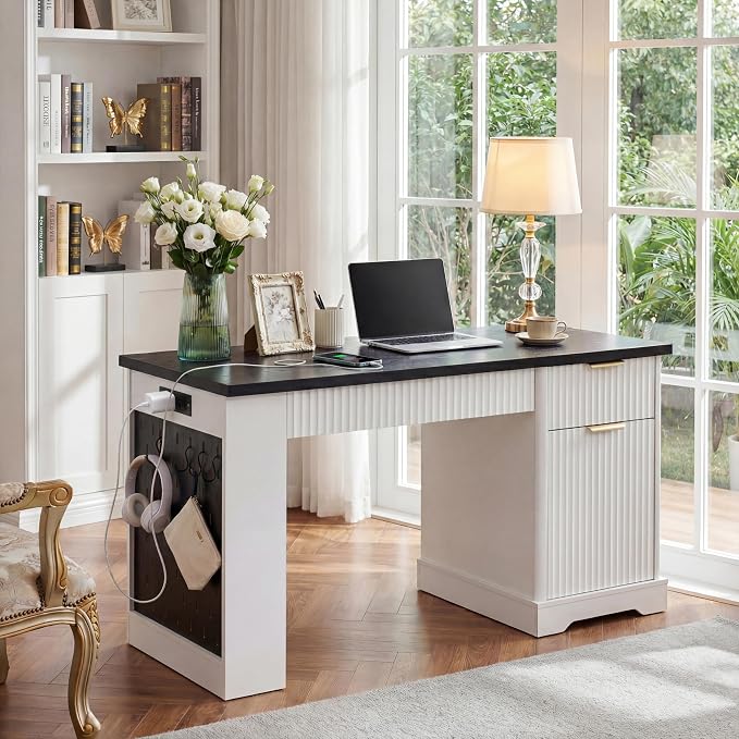 55" Fluted Gaming Desk Pegboard Cabinet Drawers Outlet, White | Home Office | Bedroom Living Room Teen Desk | Nail Tech Manicure | Vanity Hutch | Bookcase Corner - Image 9
