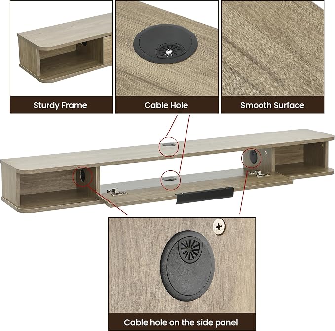 Floating TV Stand, 55" Wall Mounted TV Cabinet, Wood Media Console for TVs up to 65", Entertainment Center with Storage for Living Room, Under TVs Shelf for DVD Player, Wood Grain Grey - Image 8