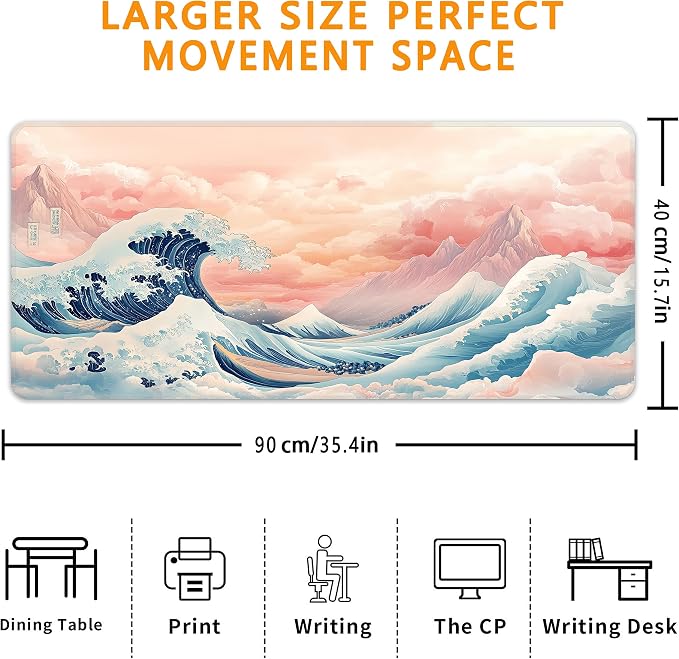 Japanese Sea Wave Desk Mat, XXL 35.4"x15.7" Large Mouse Pad, Pink Clouds Extended Gaming Mouse Mat,Non-Slip Rubber Base Waterproof with Stitched Edges for Gaming Office Home Decor - Image 3