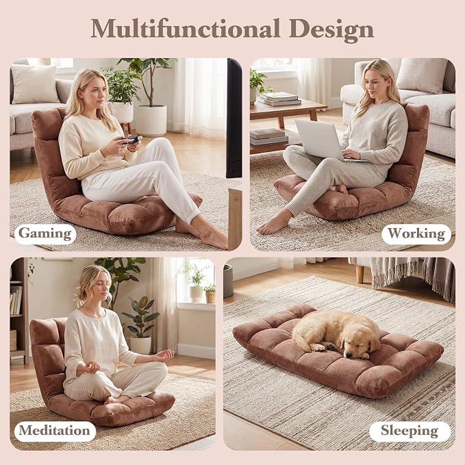 GIANTEX Floor Chair with 14-Position Adjustable, Couch Recliner (Beige) | Soft Flannel Fabric Cover, Heavy Duty Metal Support, Folding Gaming Floor Chair for Adults, Reading - Image 8