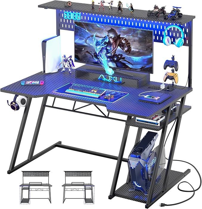 Armocity Gaming Computer Desk with Shelves and Outlets, Gaming Desk with Hutch and LED Lights, Reversible PC Gaming Desks with Pegboard, Carbon Fiber Black 47'' by Armocity