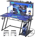 Armocity Gaming Computer Desk with Shelves and Outlets, Gaming Desk with Hutch and LED Lights, Reversible PC Gaming Desks with Pegboard, Carbon Fiber Black 47'' by Armocity