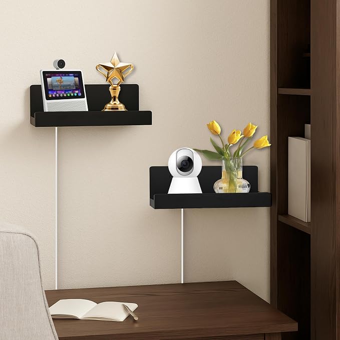 Floating Wall Shelves Set of 2, 12-Inch Solid Wood Shelves with Cable Holes, Small Display Shelf for Router, Webcam, Smart Speaker, Camera – Black - Image 7