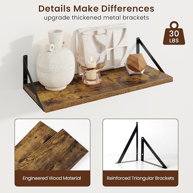 Axeman Deep Floating Shelves, 24'' x 10'' Brown Wall Shelves Set of 2 - Image 5
