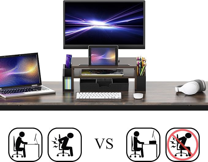 Simple Houseware Desk Monitor Stand Riser w/ Adjustable Tray, Espresso | Built-In Tablet Slot and Side Storage - Image 3