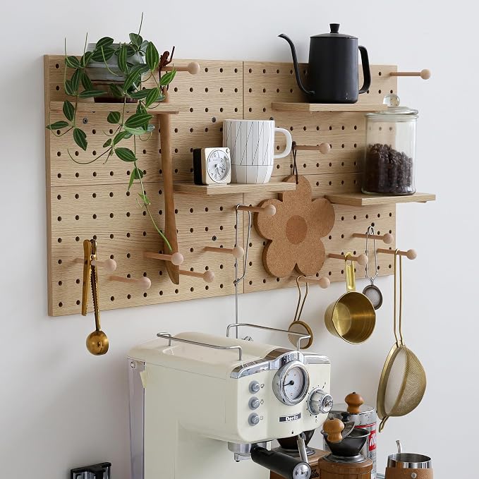 Wooden Pegboard Modular Display Organization Storage Wall Hooks Shelf (Oak Colored Finish-B-4) - Image 2