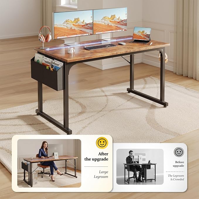 DurayLoly 48" Computer Desk with Waterproof LED Lights for Bedroom,Brown - Image 4