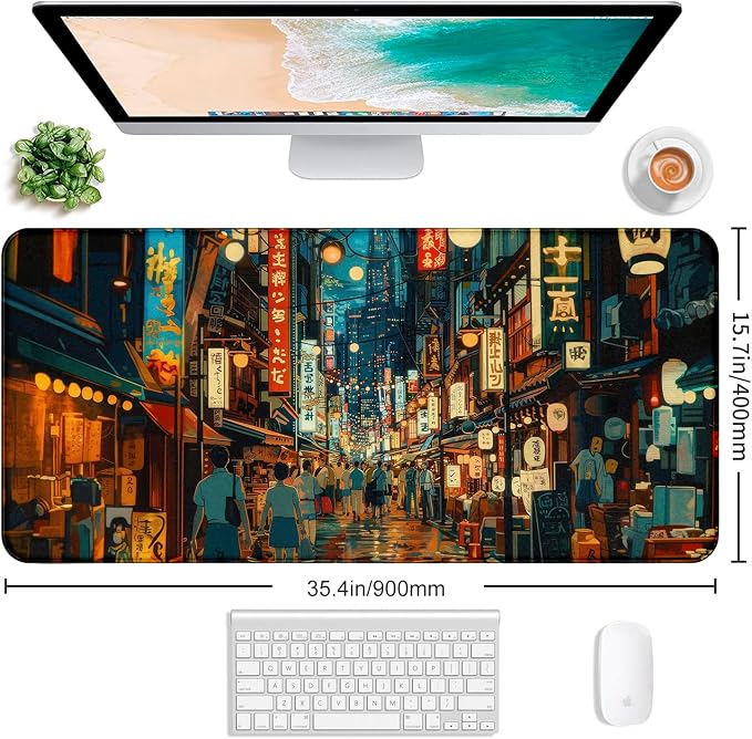Cute Japanese Street Keyboard Desk Mat, Tokyo Night View Computer Mouse Mat | Large Extended Mouse Pad; Full Desk Coverage; Waterproof Coating; Stable Anti-Slide Base For Gaming, Office, Study Daily Use - Image 2