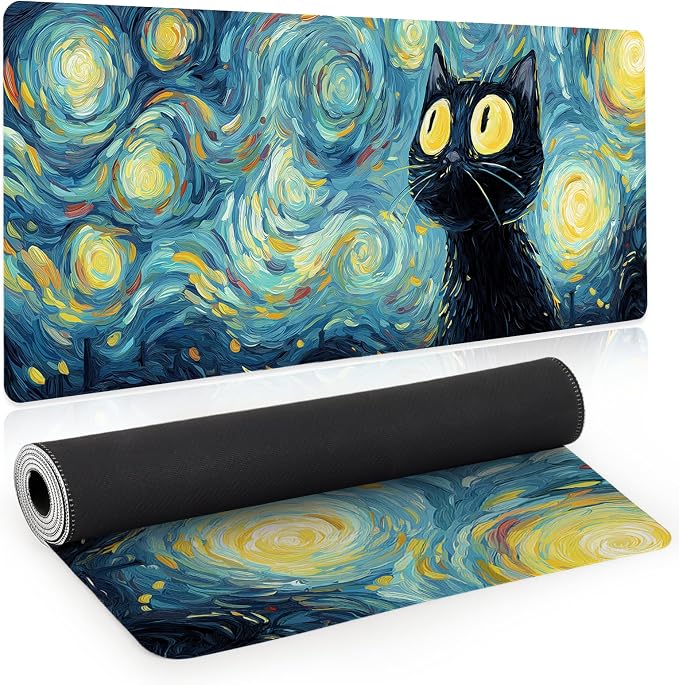 Gaming Mouse Pad, Big Cute Mousepad, XL Large Extended Desk Mat with Non-Slip Rubber Base, Laptop Desk Pad, Computer Keyboard Mat Office&Home, 31.5x11.8in, Starry Night Black Cat by Unknown
