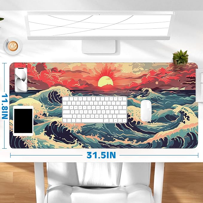 Gaming Desk Mat with Silky Smooth Surface & Exquisite Patterns,31.5x11.8 Inches Large-Sized Mouse Pad, Perfect for Extended Gaming,Work,and Home Office Decor (Japanese Waves 1) - Image 6