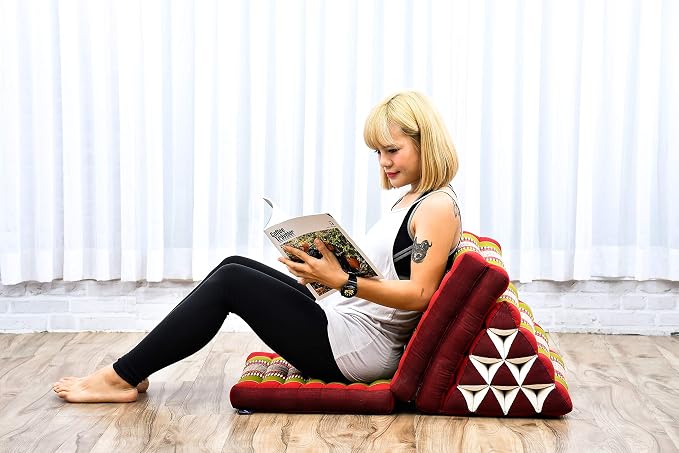 Leewadee - Comfortable Japanese Floor Mattress Used As Thai Floor Bed with Triangle Cushion, Futon Mattress Or Thai Massage Mat, 67 x 21 inches, Green Red | Floor & lounge cushion for relaxing, reading & TV - for meditation & yoga, firm & stable - Image 4
