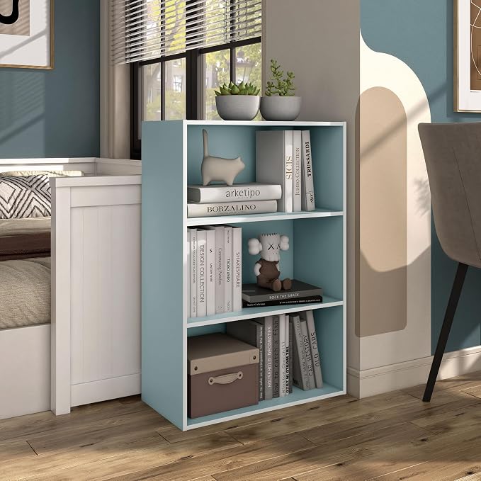 Homes: Inside + Out Apexa 3-Tier Cube Storage Organizer Shelves, Stackable Wood Bookcase Fits Cubby Bins for Organization, Dorm Teen Room Decor & Home Office, Light Blue - Image 8