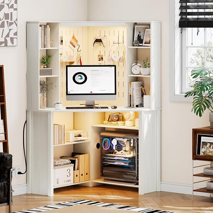 HNEBC Home Office Desk with Power Outlet & Chariging Station,L-Shaped Corner Desk with Pull-Out LED Lights,Computer Desk with Hutch & 10 Shelves,Pegboards for Work & Study,White - Image 8